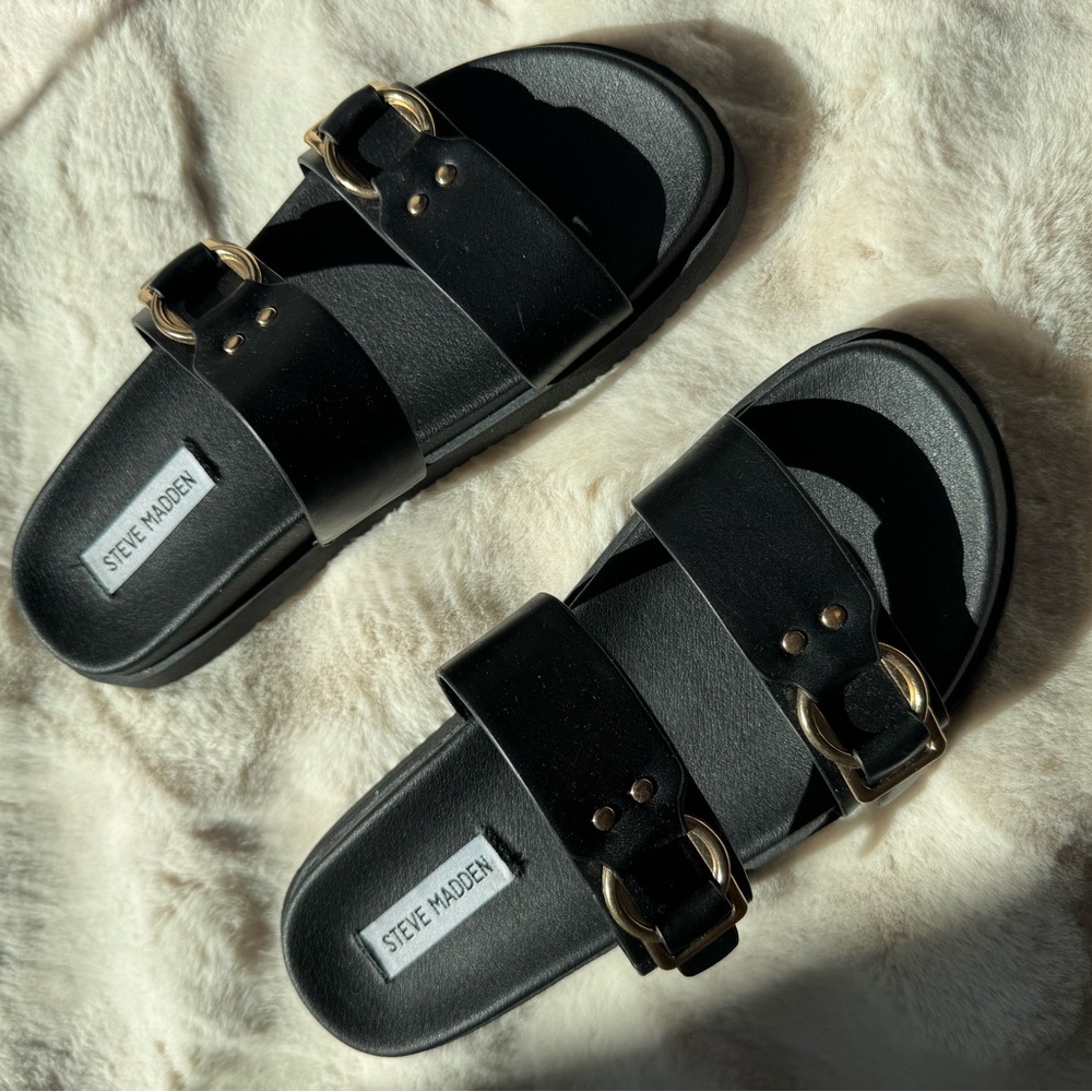 NWOT Steve Madden Black Sandals with Gold Buckles